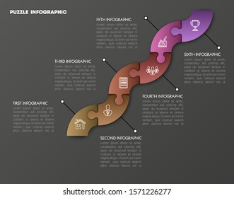 Modern timeline made 6 puzzle pieces colorful connected. Concept jigsaw strategic plan six stages. Realistic puzzle infographic design template. Vector illustration business progress puzzle 6 analysis