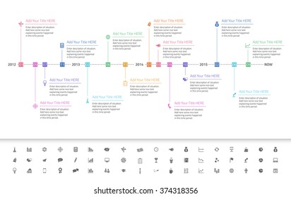 Modern timeline with milestones in pastel colors. Icon set included