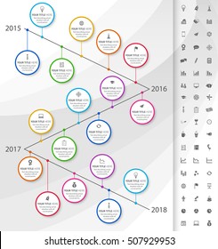 Modern timeline with rainbow milestones and icons of events
