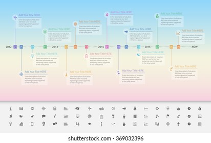 Línea de tiempo moderna con hitos transparentes en colores pastel y fondo con gradiente desde azul bebé hasta cuarzo de rosa