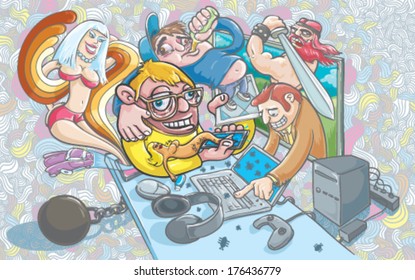 Modern times. Conceptual funny vector illustration without gradients. <br>Vector file (EPS) are made in CMYK color mode.