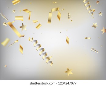 Modern Tinsel Confetti Isolated, Golden Celebration Foil. Horizontal Magic Glitter Background. Cool Premium Christmas, New Year, Birthday Party Holiday Border. Golden Tinsel Confetti Isolated