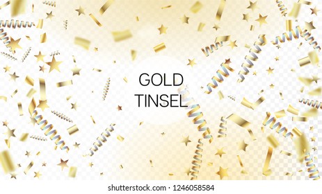 Modern Tinsel Confetti Isolated, Golden Celebration Foil. Cool Platinum Christmas, New Year, Birthday Party Holiday Pattern. Horizontal Shiny Sparkles Background. Golden Tinsel Confetti Isolated