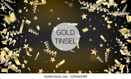 Modern Tinsel Confetti Isolated, Golden Celebration Foil. Cool Luxury Christmas, New Year, Birthday Party Holiday Border.