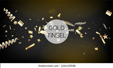 Modern Tinsel Confetti Isolated, Golden Celebration Foil. Cool Elegant Christmas, New Year, Birthday Party Holiday Border. Horizontal Mystical Sparkles Background. Golden Tinsel Confetti Isolated