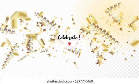 Modern Tinsel Confetti Isolated, Golden Celebration Foil. Cool Glamour Christmas, New Year, Birthday Party Holiday Texture. Horizontal Stars Explosion Background. Golden Tinsel Confetti Isolated