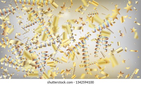 Modern Tinsel Confetti Isolated, Golden Celebration Foil. Cool Elegant Christmas, New Year, Birthday Party Holiday Banner. Horizontal Fairy Sparkles Background. Golden Tinsel Confetti Isolated