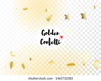 Modern Tinsel Confetti Isolated, Golden Celebration Foil. Horizontal Shiny Shapes Background. Cool Glamour Christmas, New Year, Birthday Party Holiday Frame. Golden Tinsel Confetti Isolated