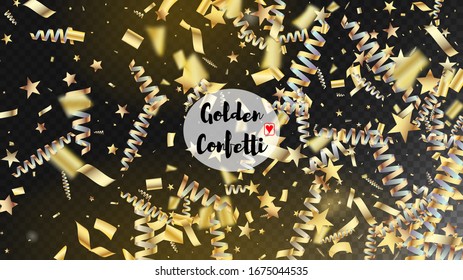 Modern Tinsel Confetti Isolated, Golden Celebration Foil. Horizontal Shiny Streamers Background. Cool Glamour Christmas, New Year, Birthday Party Holiday Frame. Golden Tinsel Confetti Isolated