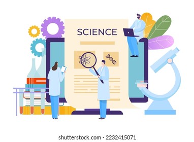 Modern tiny character professional research specialist hold magnifying glass, associate scientist flat vector illustration, isolated on white.