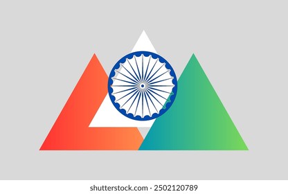 Modern Tiranga(Flag name) vector: Triangles in saffron, white, and green with an Ashoka Chakra centerpiece celebrate India's Independence and Republic Days, symbolizing courage, peace, and prosperity.
