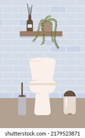 Modern toilet interior in Scandinavian style. WC room with white ceramic toilet bowl, trash bin, paper and brush. Minimal restroom interior with light blue wall tiles. Flat vector illustration.