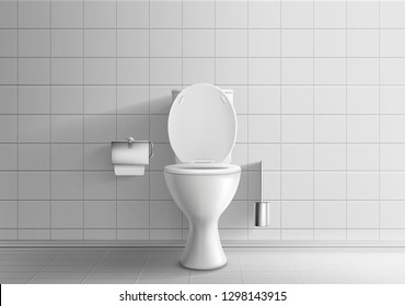 Современный интерьер туалета 3d реалистичный векторный макет с плиточными стенами и полом, классический белый керамический унитаз с резервуаром для воды и открытой крышкой сиденья, иллюстрация бумаги и кисти в металлических держателях