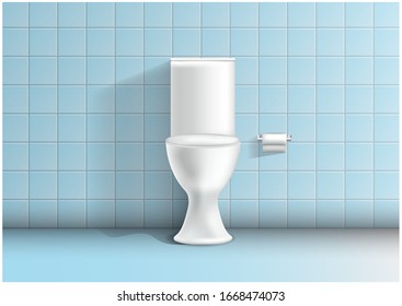 Modern toilet room interior 3d realistic vector mockup with tiled walls and floor classic blue ceramic