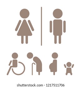 modern toilet signage has man, woman, baby, old people and disabled on white background