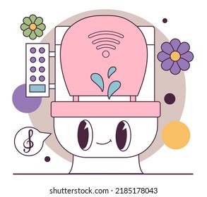 Modern toilet. Smart restroom equipment, white ceramic toilet bowl with remote controller. Clean modern WC. Flat vector illustration