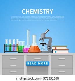 Modern tool set of Chemistry. Information card laboratory template. Online and education courses, web tutorial. Vector illustration.