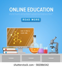 Modern tool set of Chemistry. Information card laboratory template. Online and education courses, web tutorial. Vector illustration.