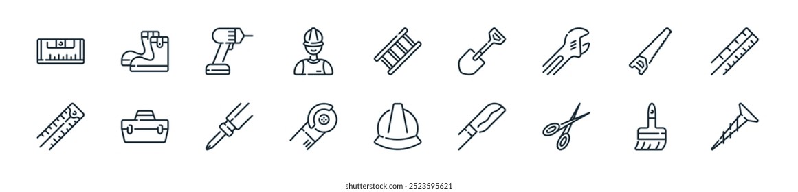 Icon-Paket für moderne Tools. perfekt für lineare ui-Designs mit Vektorschrauben, Pinsel, Schere, Messer, Helm, Schleifer, Schraubendreher und mehr Symbolen für mobile und Web-Apps.