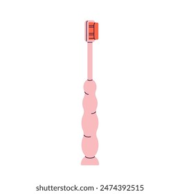 Modern toothbrush for cleaning mouth with toothpaste. Pink tooth brush for oral health care. Tool, accessory for dental hygiene, water treatments. Flat isolated vector illustration on white background