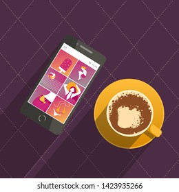 Modern top view illustration with cup of coffee and smartphone on the dark background. Photo gallery on the mobile screen. Can be used for card, poster, banner, cover, postcard.