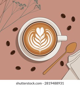 Modern top view vector illustration of a latte coffee cup featuring elegant latte art, surrounded by roasted coffee beans, a wooden spoon, dried flowers, and a folded napkin. Perfect for café branding, coffee shop menus, beverage promotions, social media, blogs, packaging, and lifestyle design projects.