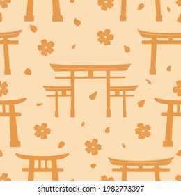 El Torii moderno se desplaza sin problemas. Tori (Torii) se abre con la mano la impresión para un fondo sin fisuras. Ornamento retro-asiático de moda para papel, tela, textil, ropa. Vector japonés de la cultura oriental cuadrada.