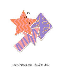 Modern torn paper composition with star and arrow. Trendy paper collage with drawn texure. Sticky notes, shreds of notebook pages. Vector illustration. Various colorful shapes, geometric figures.