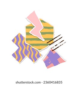 Modern torn paper composition. Trendy paper collage in vibrant color with drawn texure. Sticky notes, shreds of notebook pages. Vector illustration. Various colorful shapes, geometric figures.