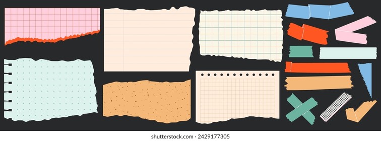 Modern torn paper, notebook sheets and colour tape collage set.  Elements for poster, social media, banners. Trendy vector illustration.