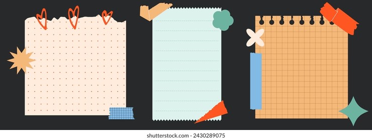 Modern torn paper, notebook sheets and colour tape collage set.  Elements for poster, social media, banners. Trendy vector illustration.