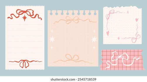 Modern torn paper, notebook sheets and colour tape collage set with cute bows.  Elements for poster, social media, banners. Trendy vector illustration.