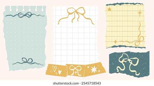 Modern torn paper, notebook sheets and colour tape collage set with cute bows.  Elements for poster, social media, banners. Trendy vector illustration.