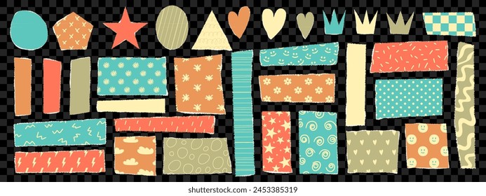 Modern torn paper set with funny pattern. Trendy elements for collage. Vector illustration.