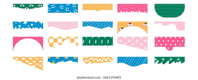 Modern torn paper set with funny pattern. Design elements for contemporary art collage. Vector illustration.