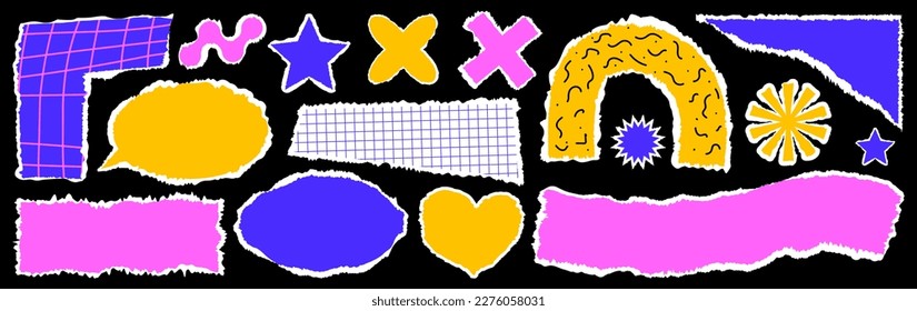 Modern torn paper set. Trendy paper collage in vibrant color. Sticky notes, shreds of notebook pages.  Vector illustration.