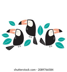 modern toucan characters surrounded by topical leaves