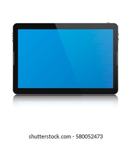 Modern touch screen tablet computer isolated on white background. Tablet computer with blank blue screen and reflection. Vector illustration.