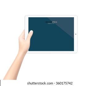 Modern touch screen tablet in hand with blank screen area for copy space. Vector illustration.