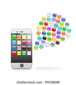 Modern touchphone gadget with speech cloud of icons isolated on white