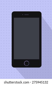 Modern touchscreen black mobile phone on blue retro background. Vector  illustration. Smartphone with empty screen. Cellphone mockups with black blank screen. Game and application mockup smart phone.