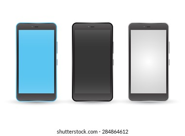 Modern touchscreen cellphone tablet smartphone isolated set on light background. Empty screen blue, black and white. Vector illustration.
