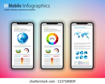 Modernos teléfonos de simulación de pantalla táctil con elementos de diseño de infografía de tecnología y fondo de color borroso. Teléfono sin marca con diseño de estilo plano con sombras.