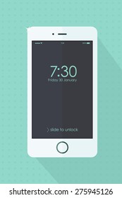 Modern touchscreen white mobile phone on turquoise retro background. Vector  illustration. Smartphone with screen and clock. Cellphone mockups with black  screen. 