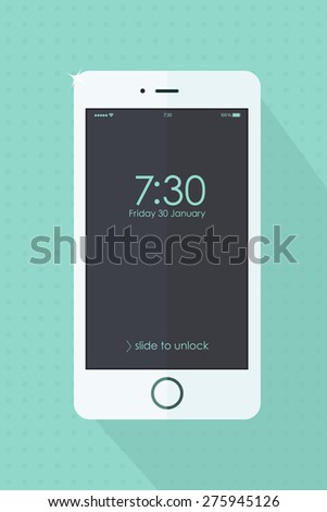 Modern touchscreen white mobile phone on turquoise retro background. Vector  illustration. Smartphone with screen and clock. Cellphone mockups with black  screen. 
