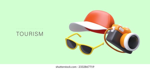 Modern tourism. 3D sunglasses, cap, camera. Pleasant leisure time on vacation. Photos of interesting monuments. Concept for travel agencies, guides. Template on green background