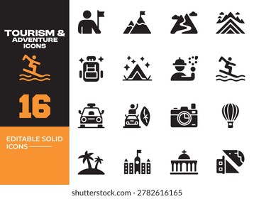 Modern tourism and adventure solid icons designed for outdoor travel exploration tourism activities and adventure lifestyle branding