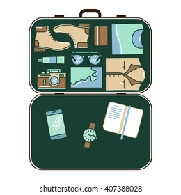 Modern tourist stuff in suitcase . Vector illustration isolated on white