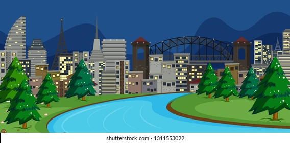 A modern town night scene illustration