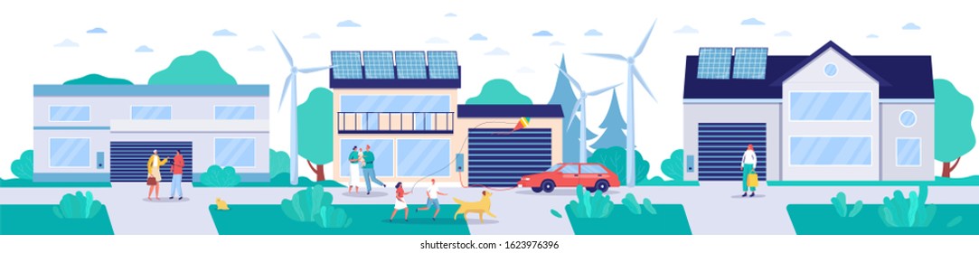 Modern town with renewable energy technologies, vector illustration. Environment friendly lifestyle concept, houses with solar panels, wind turbines and electric cars. Sustainable energy environment